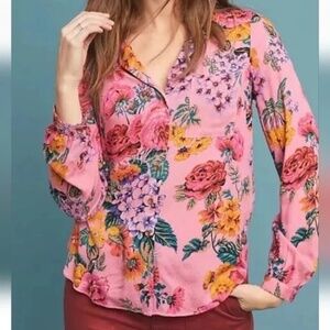 Anthropologie Maeve Manifold Button down Pink Floral Long Sleeve Top